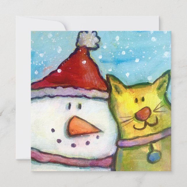 Snowman and Cat  Holiday Card (Front)