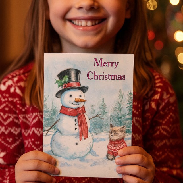 Snowman  and Cat Merry Christmas Kids  Holiday Card (A delightful Christmas snowman card, ideal for children.)