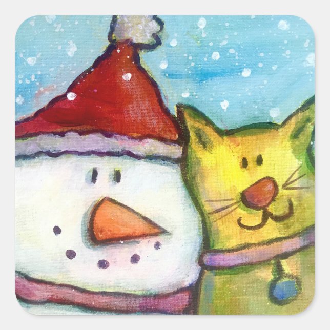 Snowman and Cat Square Sticker (Front)