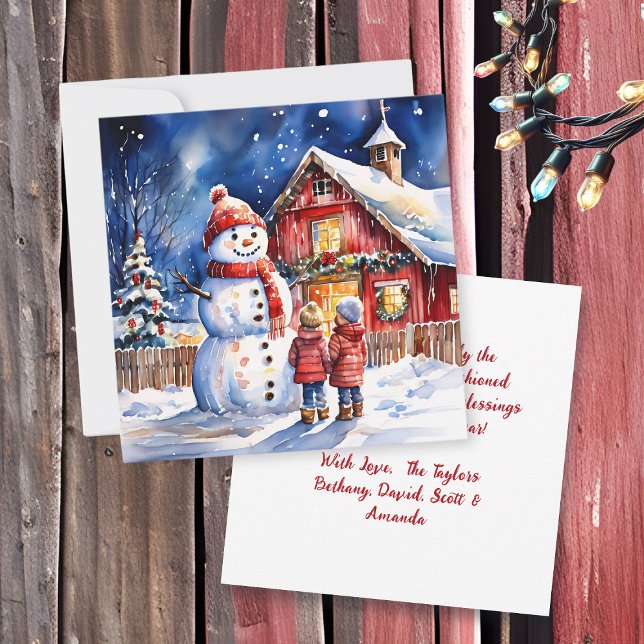 Snowman and Children Vintage Farm Christmas Card (Creator Uploaded)