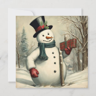 Snowman and Christmas Gift Winter Illustration Holiday Card