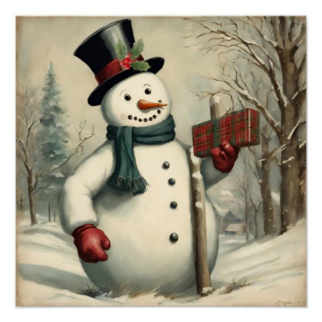 Snowman and Christmas Gift Winter Illustration  Poster (Front)
