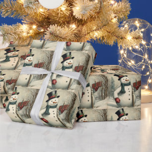 Snowman and Christmas Gift Winter Illustration Wrapping Paper