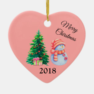 Snowman and Christmas Tree Ceramic Ornament