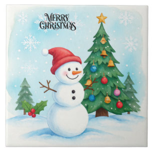 Snowman and Christmas Tree Ceramic Tile