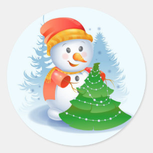 Snowman and Christmas Tree Classic Round Sticker