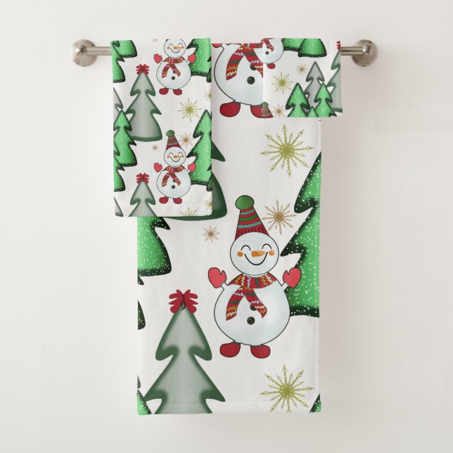 Snowman and Christmas trees. Bath Towel Set (Insitu)