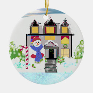 Snowman and Cosy House Ceramic Ornament