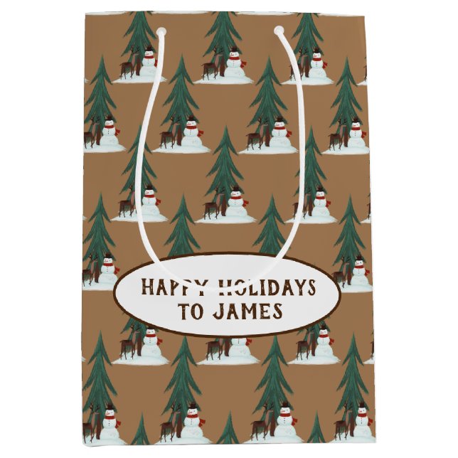 snowman and deer in snow medium gift bag (Front)