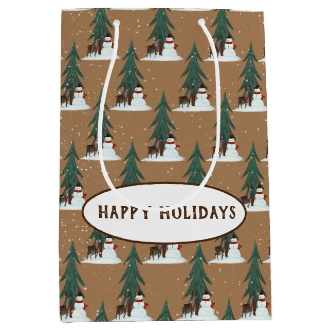 snowman and deer in snowflakes medium gift bag (Front)