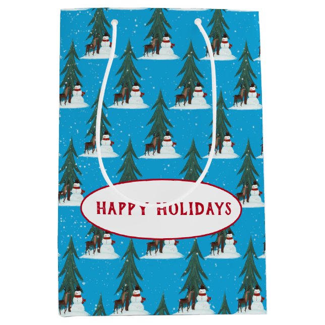 snowman and deer in snowflakes on aqua medium gift bag (Front)