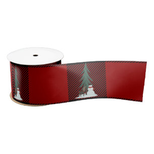 Snowman and Deer on Plaid Satin Ribbon
