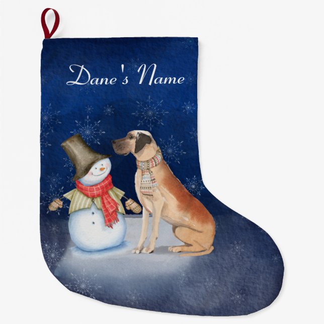 Snowman and dog-Great Dane Large Christmas Stockin Stocking (Front)