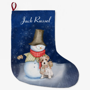 Snowman and dog- Jack Russell Terrier  Large Christmas Stocking