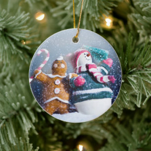 Snowman and gingerbread ceramic ornament