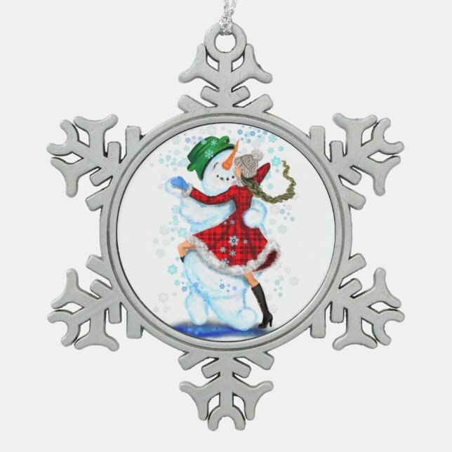 Snowman and Girl Dancers Christmas Ornament (Front)