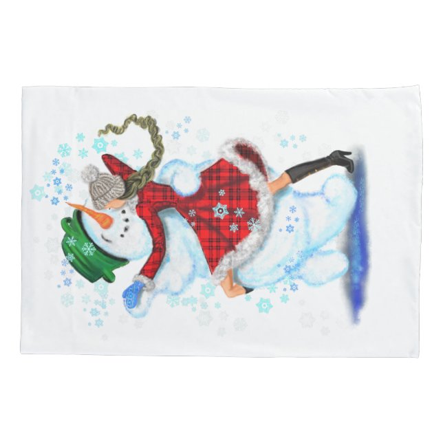 Snowman and Girl Dancers Christmas Pillow Case (Back)