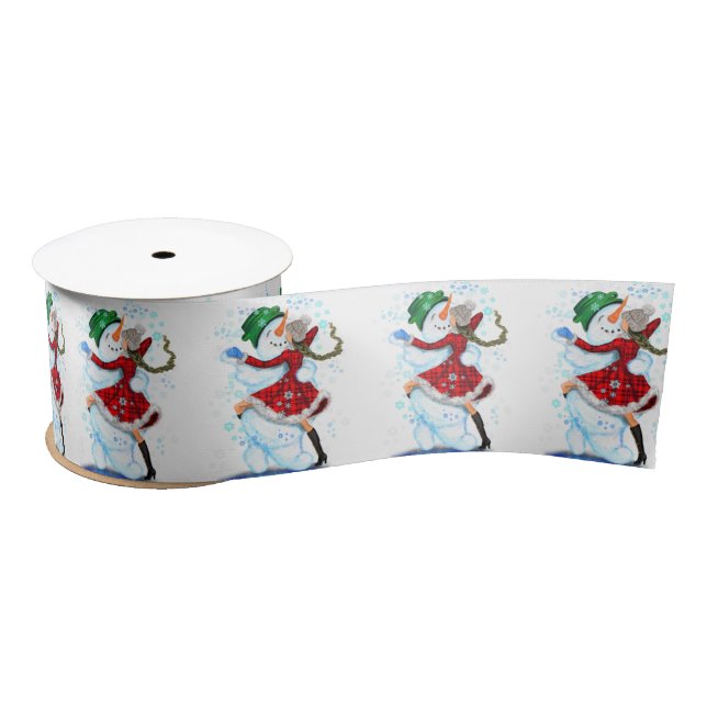 Snowman and Girl Dancers Funny Christmas Ribbon Satin Ribbon (Spool)