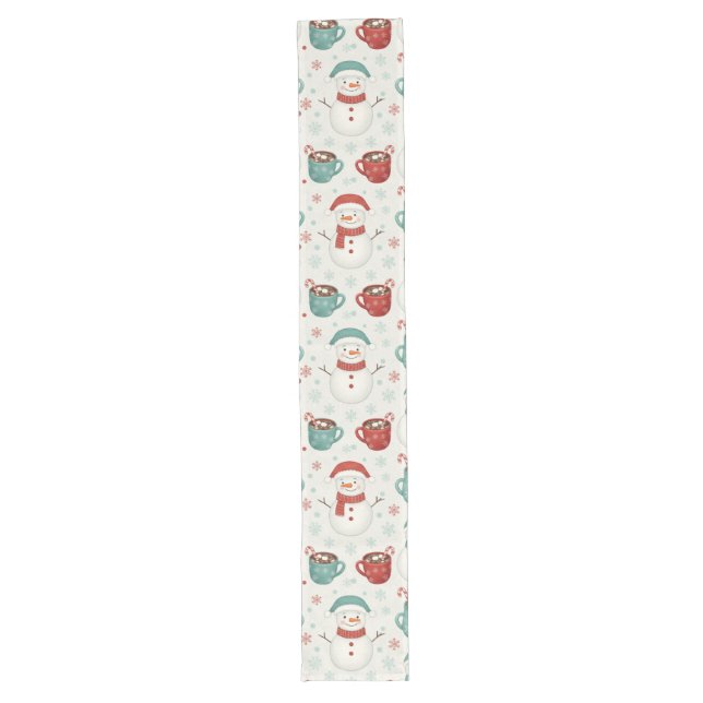 Snowman and Hot Cocoa Christmas Seamless Pattern Long Table Runner (Front)