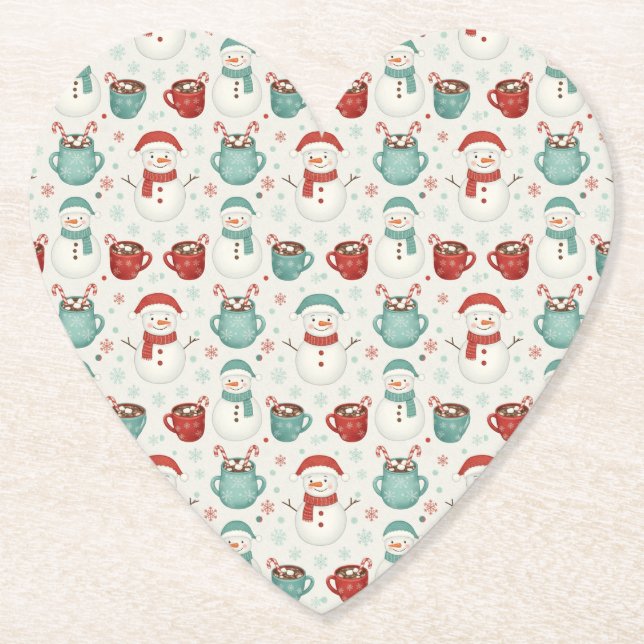 Snowman and Hot Cocoa Christmas Seamless Pattern Paper Coaster (Front)