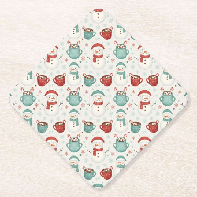 Snowman and Hot Cocoa Christmas Seamless Pattern Paper Coaster (Front)
