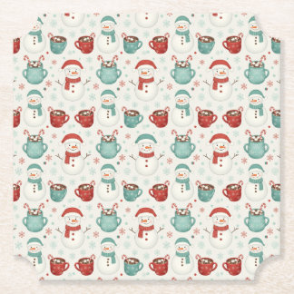 Snowman and Hot Cocoa Christmas Seamless Pattern Paper Coaster