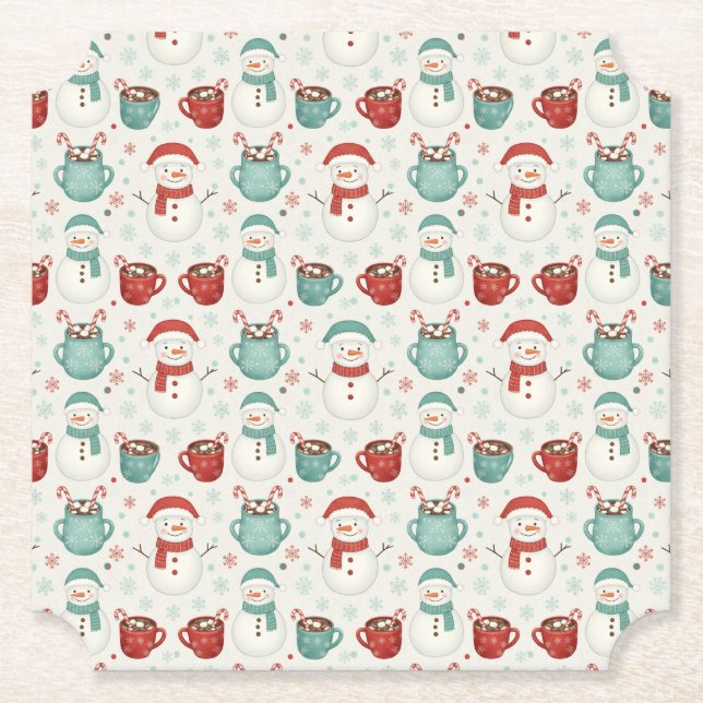 Snowman and Hot Cocoa Christmas Seamless Pattern Paper Coaster (Front)