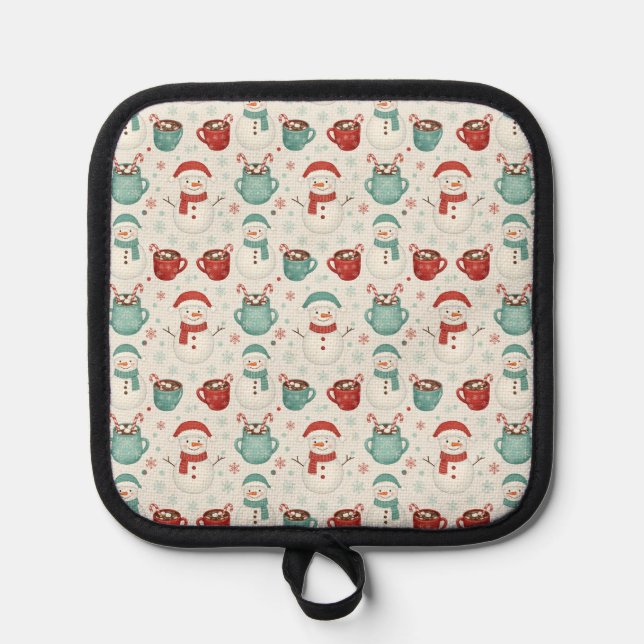 Snowman and Hot Cocoa Christmas Seamless Pattern Pot Holder (Front)