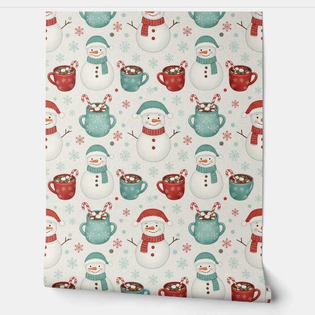 Snowman and Hot Cocoa Christmas Seamless Pattern Wallpaper (Unrolling)