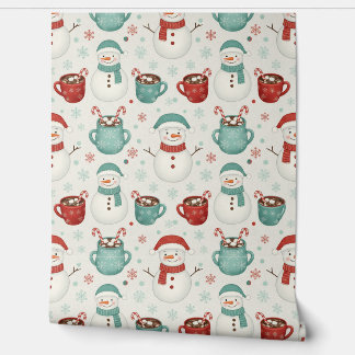 Snowman and Hot Cocoa Christmas Seamless Pattern Wallpaper