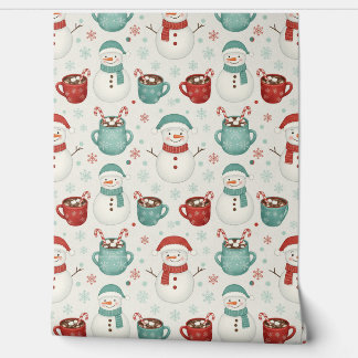 Snowman and Hot Cocoa Christmas Seamless Pattern Wallpaper