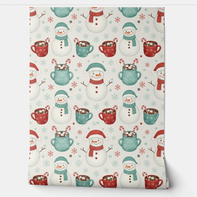 Snowman and Hot Cocoa Christmas Seamless Pattern Wallpaper (Unrolling)