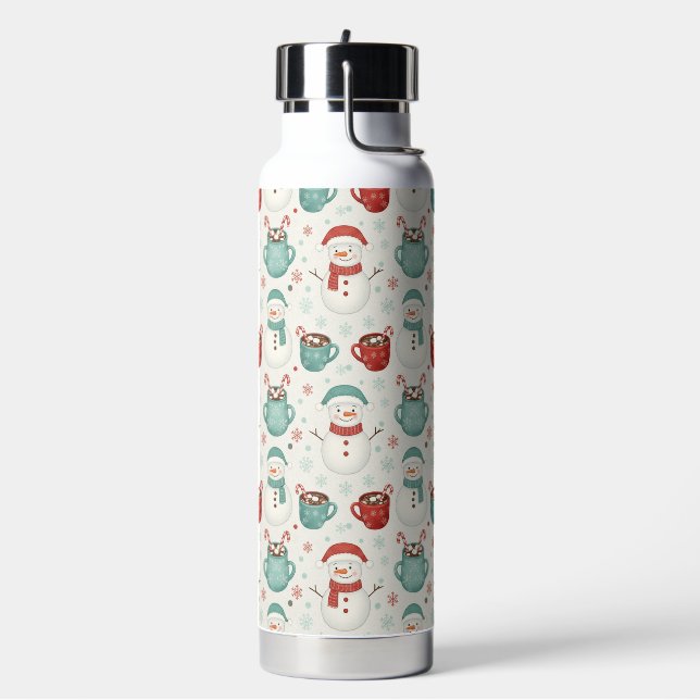 Snowman and Hot Cocoa Christmas Seamless Pattern Water Bottle (Left)