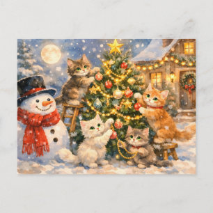Snowman and Kittens Decorating Christmas Tree Holiday Postcard