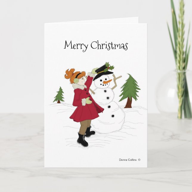 Snowman and Little Girl in a Red Coat Card (Front)