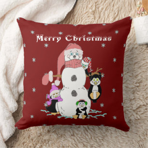 Snowman and Penguin Christmas Cushion