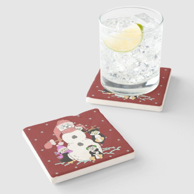 Snowman and Penguin Stone Coaster (Side)