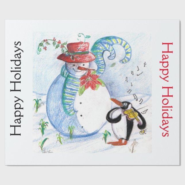 SNOWMAN AND PENGUIN'S SERENADE Christmas Wrapping Paper (Flat)