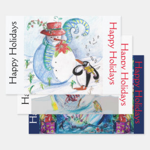 SNOWMAN AND PENGUIN'S SERENADE Christmas Wrapping Wrapping Paper Sheet