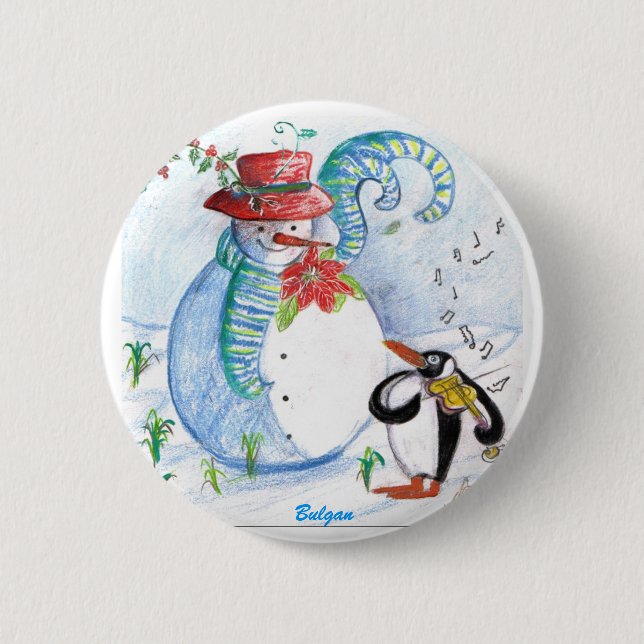 SNOWMAN AND PENGUIN'S WINTER SERENADE 6 CM ROUND BADGE (Front)
