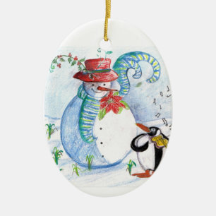SNOWMAN AND PENGUIN'S WINTER SERENADE CERAMIC TREE DECORATION