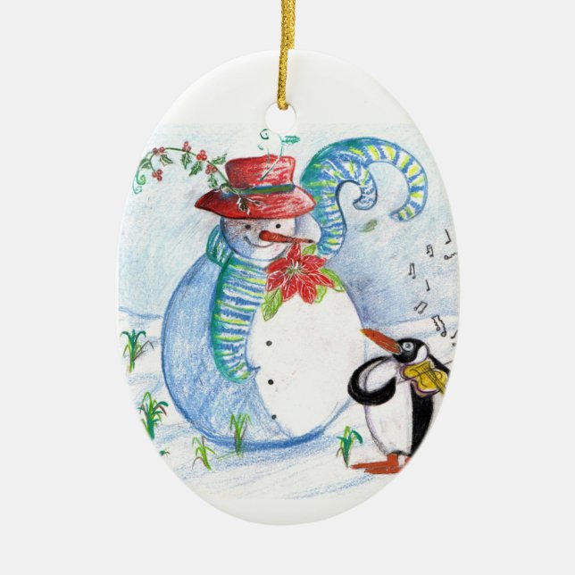 SNOWMAN AND PENGUIN'S WINTER SERENADE CERAMIC TREE DECORATION (Front)
