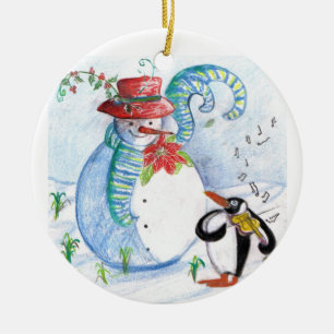 SNOWMAN AND PENGUIN'S WINTER SERENADE CERAMIC TREE DECORATION