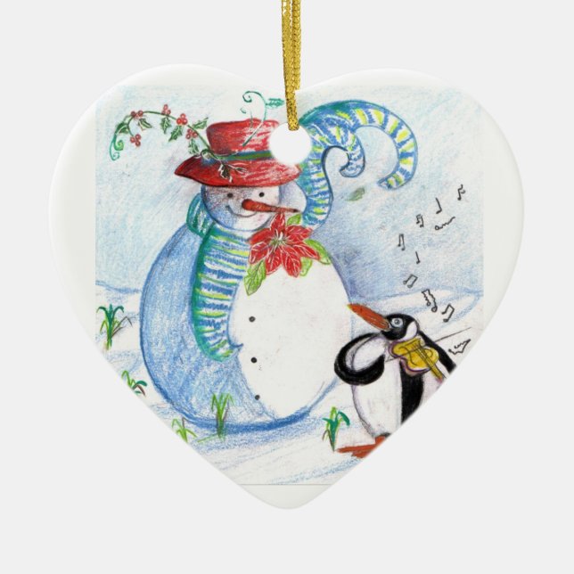 SNOWMAN AND PENGUIN'S WINTER SERENADE CERAMIC TREE DECORATION (Front)