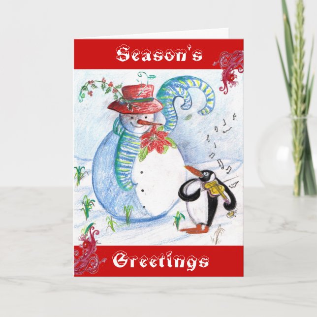 SNOWMAN AND PENGUIN'S WINTER SERENADE HOLIDAY CARD (Front)