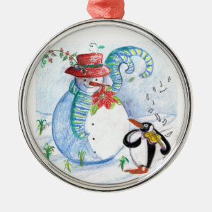 SNOWMAN AND PENGUIN'S WINTER SERENADE METAL ORNAMENT