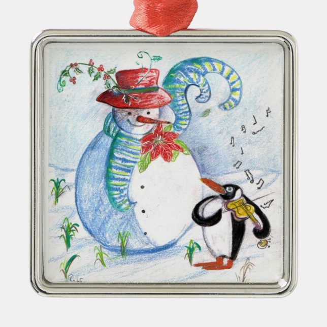 SNOWMAN AND PENGUIN'S WINTER SERENADE METAL TREE DECORATION (Front)