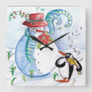 SNOWMAN AND PENGUIN'S WINTER SERENADE Musical Square Wall Clock