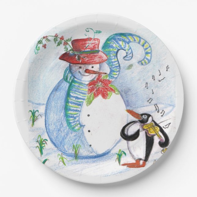 SNOWMAN AND PENGUIN'S WINTER SERENADE  PAPER PLATE (Front)