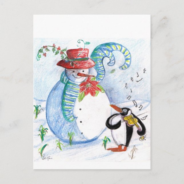 SNOWMAN AND PENGUIN'S WINTER SERENADE POSTCARD (Front)